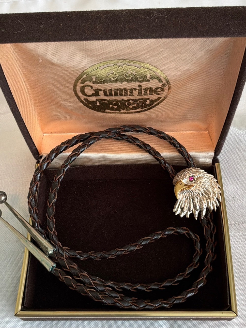 Crumrine Brown Braided Leather Eagle Bolo Tie gold silver tone original box vtg